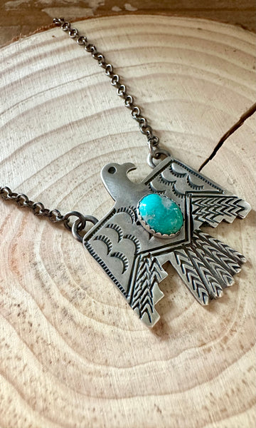 THUNDERBIRD Native Sterling Silver & Turquoise Necklace Pendant • 18g