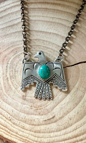 THUNDERBIRD Native Sterling Silver & Turquoise Necklace Pendant • 18g