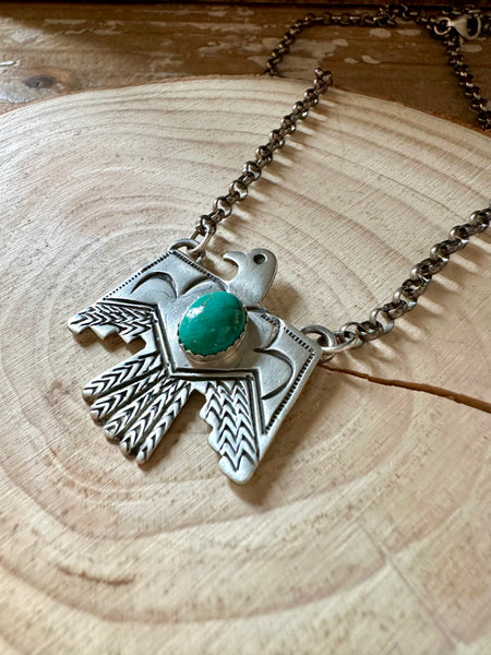 THUNDERBIRD Native Sterling Silver & Turquoise Necklace Pendant • 18g