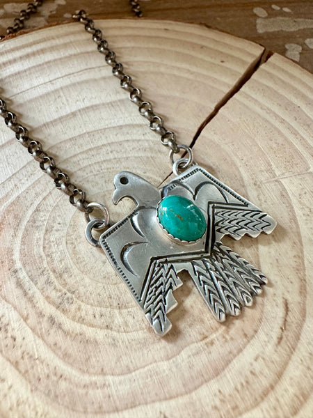 THUNDERBIRD Native Sterling Silver & Turquoise Necklace Pendant • 18g