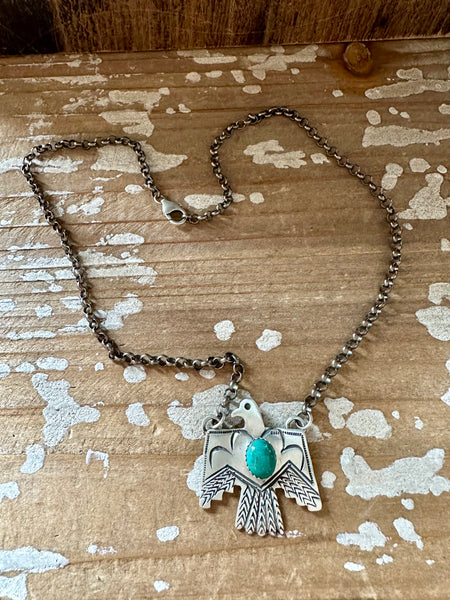 THUNDERBIRD Native Sterling Silver & Turquoise Necklace Pendant • 18g