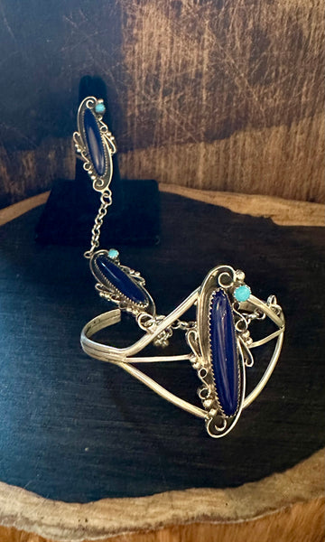 SILVER LAPIS TURQUOISE Hand Chain Ring & Cuff Bracelet • Ring Size 8