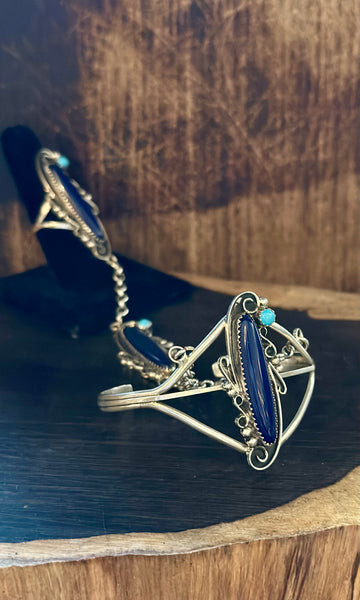 SILVER LAPIS TURQUOISE Hand Chain Ring & Cuff Bracelet • Ring Size 8