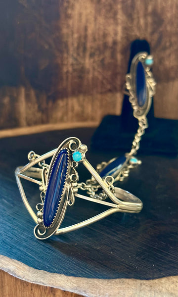 SILVER LAPIS TURQUOISE Hand Chain Ring & Cuff Bracelet • Ring Size 8