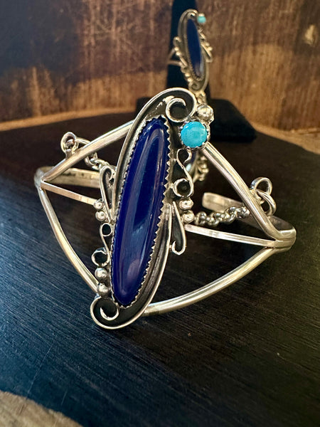 SILVER LAPIS TURQUOISE Hand Chain Ring & Cuff Bracelet • Ring Size 8