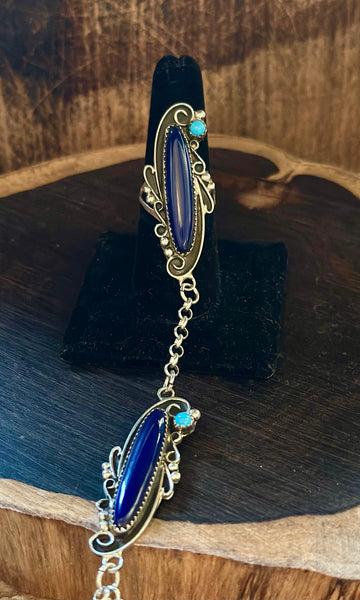 SILVER LAPIS TURQUOISE Hand Chain Ring & Cuff Bracelet • Ring Size 8