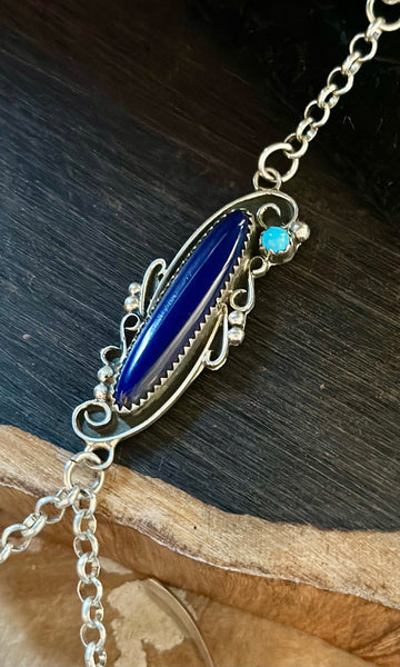 SILVER LAPIS TURQUOISE Hand Chain Ring & Cuff Bracelet • Ring Size 8