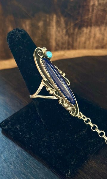 SILVER LAPIS TURQUOISE Hand Chain Ring & Cuff Bracelet • Ring Size 8