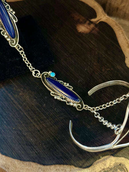 SILVER LAPIS TURQUOISE Hand Chain Ring & Cuff Bracelet • Ring Size 8