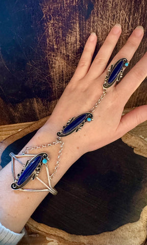 SILVER LAPIS TURQUOISE Hand Chain Ring & Cuff Bracelet • Ring Size 8
