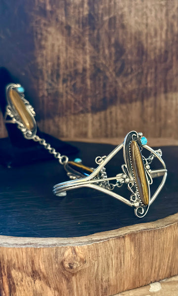 SILVER TIGERS EYE Turquoise Hand Chain Ring & Cuff • Ring Size 8.5