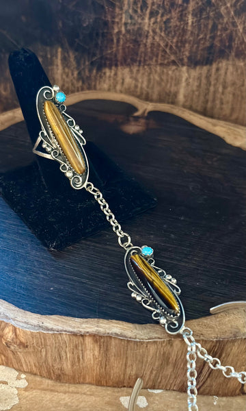 SILVER TIGERS EYE Turquoise Hand Chain Ring & Cuff • Ring Size 8.5