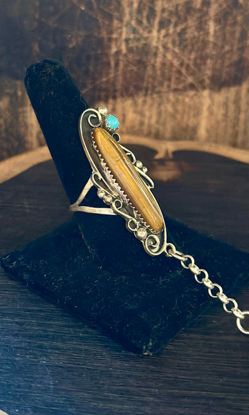 SILVER TIGERS EYE Turquoise Hand Chain Ring & Cuff • Ring Size 8.5