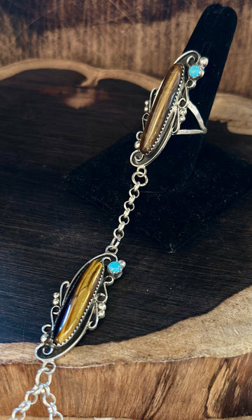 SILVER TIGERS EYE Turquoise Hand Chain Ring & Cuff • Ring Size 8.5