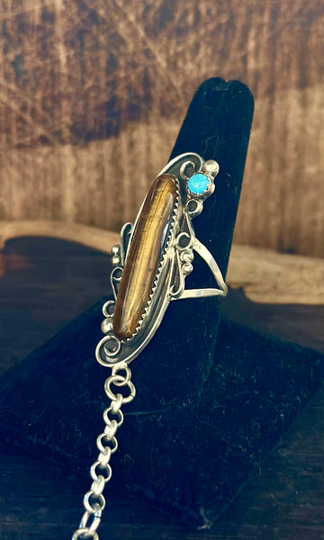 SILVER TIGERS EYE Turquoise Hand Chain Ring & Cuff • Ring Size 8.5