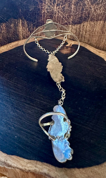 SILVER TIGERS EYE Turquoise Hand Chain Ring & Cuff • Ring Size 8.5