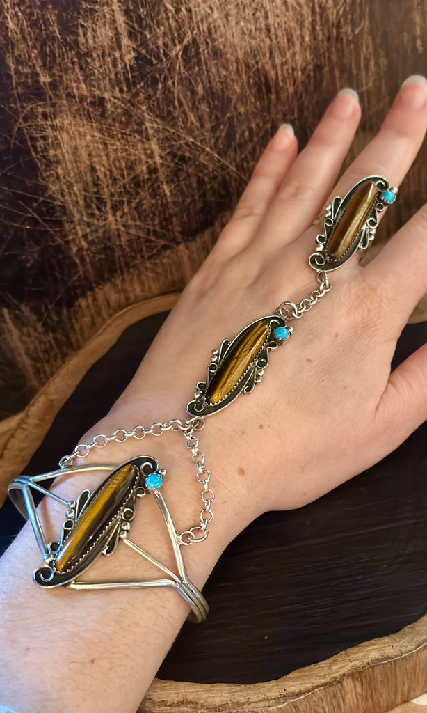 SILVER TIGERS EYE Turquoise Hand Chain Ring & Cuff • Ring Size 8.5