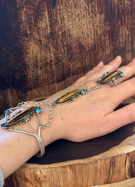 SILVER TIGERS EYE Turquoise Hand Chain Ring & Cuff • Ring Size 8.5
