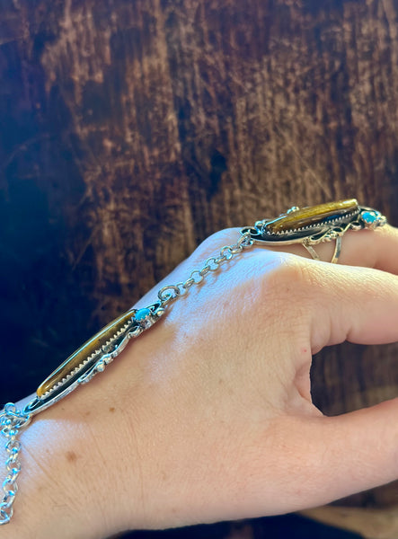 SILVER TIGERS EYE Turquoise Hand Chain Ring & Cuff • Ring Size 8.5