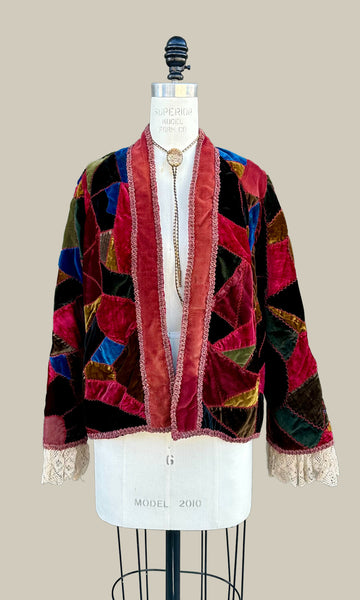 VINTAGE PATCHWORK 60s/70s Hand Quilted Velvet Jacket • Small to Medium