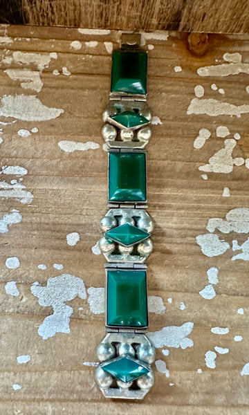 VINTAGE 1940s SILVER and Green Bracelet • 50g