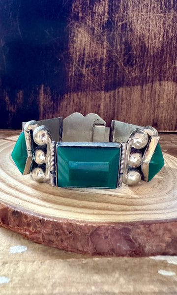 VINTAGE 1940s SILVER and Green Bracelet • 50g