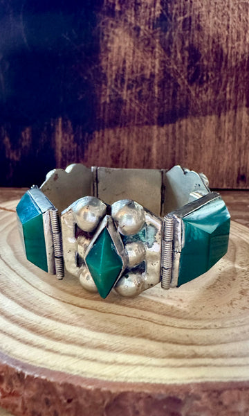 VINTAGE 1940s SILVER and Green Bracelet • 50g