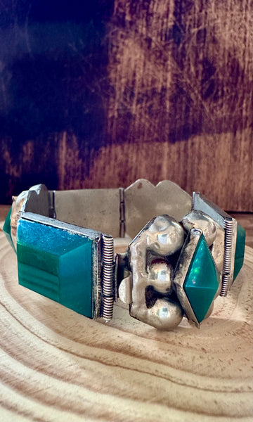 VINTAGE 1940s SILVER and Green Bracelet • 50g