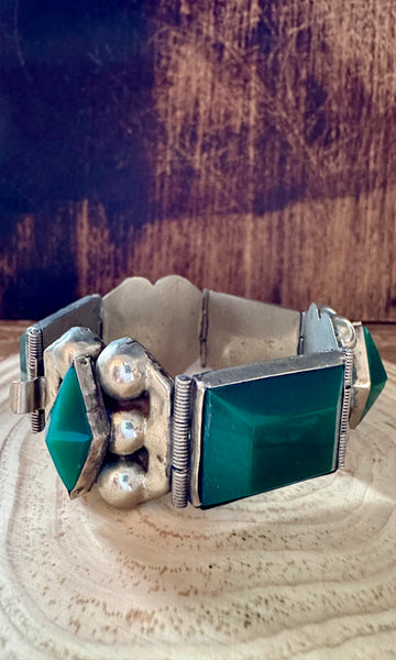 VINTAGE 1940s SILVER and Green Bracelet • 50g