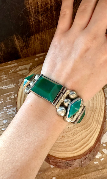 VINTAGE 1940s SILVER and Green Bracelet • 50g