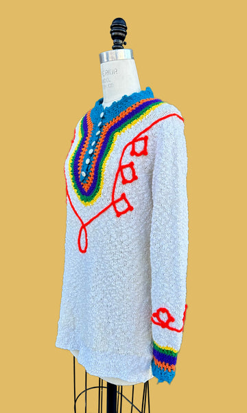 RAINBOW KNIT 70s Long Sleeve Top • Med. to Lg.