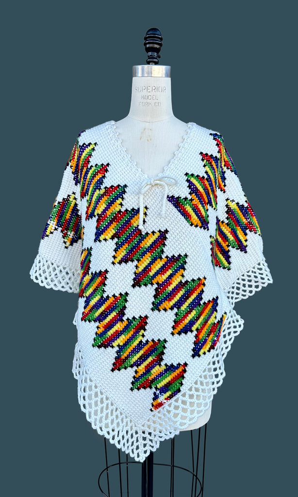 VINTAGE RAINBOW KNIT 70s Crochet Poncho • Open Sizing
