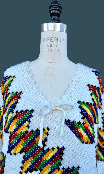 VINTAGE RAINBOW KNIT 70s Crochet Poncho • Open Sizing