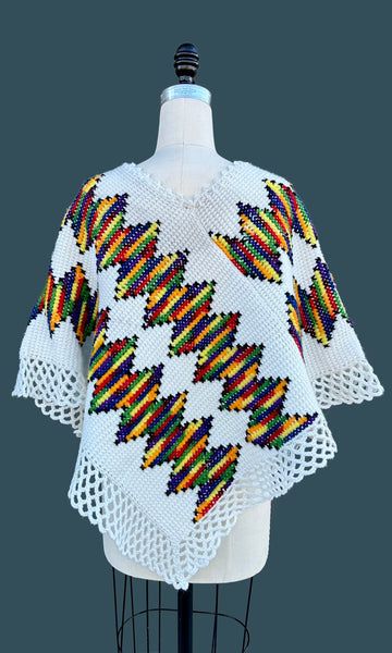 VINTAGE RAINBOW KNIT 70s Crochet Poncho • Open Sizing