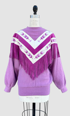 VINTAGE PIONEER WEAR Leather Fringe 80's Purple Sweater • Large