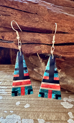 TRIANGLE TURQUOISE Spiney Oyster and Jet Inlay Earrings • 14g