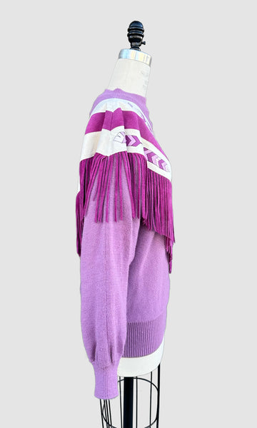 VINTAGE PIONEER WEAR Leather Fringe 80's Purple Sweater • Large