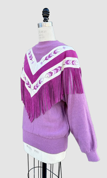 VINTAGE PIONEER WEAR Leather Fringe 80's Purple Sweater • Large