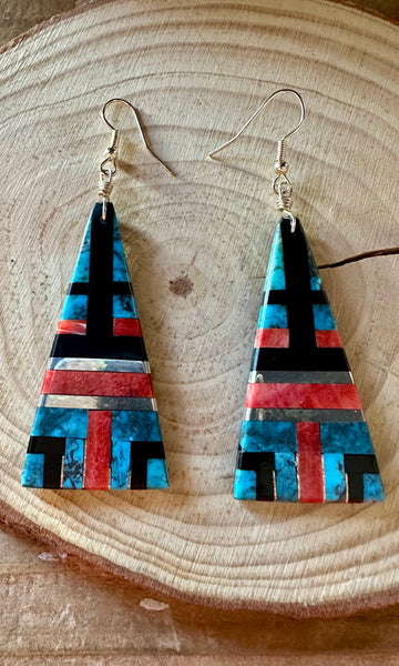 TRIANGLE TURQUOISE Spiney Oyster and Jet Inlay Earrings • 14g