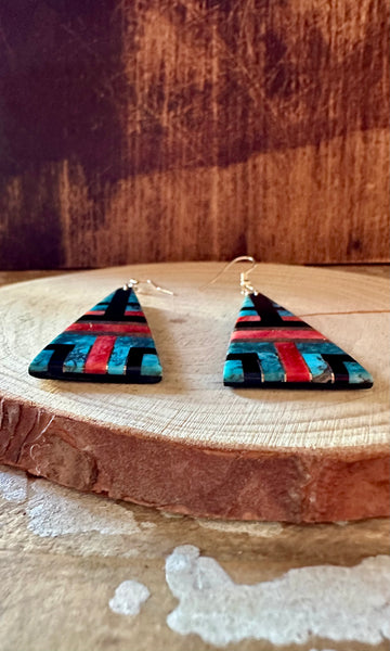 TRIANGLE TURQUOISE Spiney Oyster and Jet Inlay Earrings • 14g