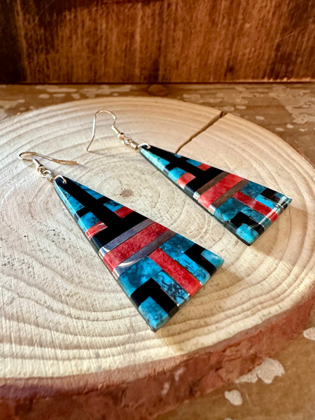 TRIANGLE TURQUOISE Spiney Oyster and Jet Inlay Earrings • 14g