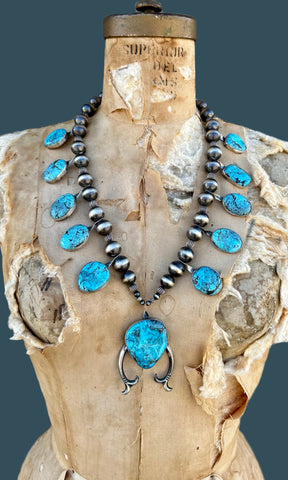 CHIMNEY BUTTE Navajo Silver and Turquoise Squash Blossom Necklace