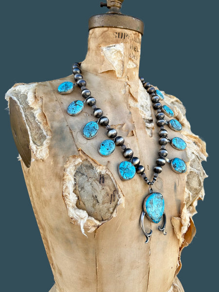 CHIMNEY BUTTE Navajo Silver and Turquoise Squash Blossom Necklace