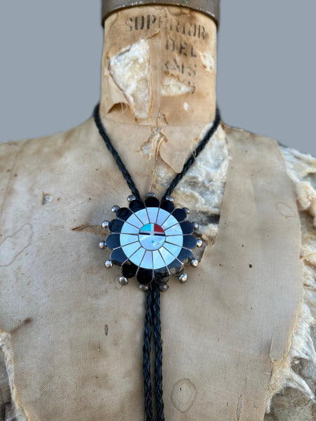 RUTH LONJOSE ZUNI Sun Face Multi-Stone Inlay Bolo Tie w/ Leather Cord JM22