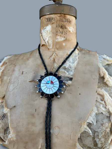 RUTH LONJOSE ZUNI Sun Face Multi-Stone Inlay Bolo Tie w/ Leather Cord JM22