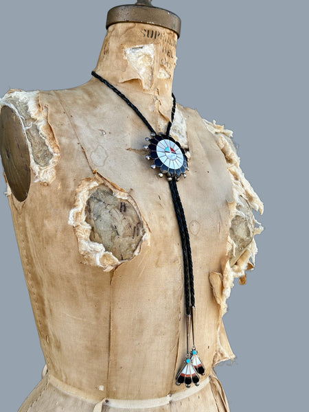 RUTH LONJOSE ZUNI Sun Face Multi-Stone Inlay Bolo Tie w/ Leather Cord JM22