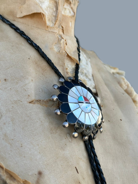 RUTH LONJOSE ZUNI Sun Face Multi-Stone Inlay Bolo Tie w/ Leather Cord JM22