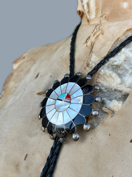RUTH LONJOSE ZUNI Sun Face Multi-Stone Inlay Bolo Tie w/ Leather Cord JM22