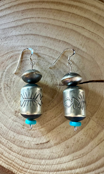 STERLING SILVER and Turquoise Barrel Earrings • 6g