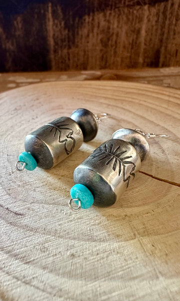 STERLING SILVER and Turquoise Barrel Earrings • 6g